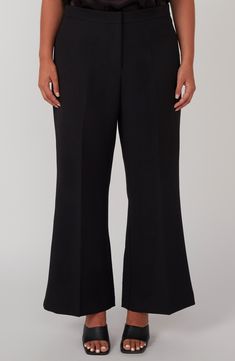 Achieve desk-to-dinner perfection in these sophisticated stretch trousers designed with a fabulous high waist and floor-sweeping wide legs. 30 1/2" inseam; 26 1/2" leg opening; 13" front rise; 18" back rise Zip fly with hook-and-bar closure 72% polyester, 24% viscose, 4% elastane with 100% polyester contrast Machine wash, line dry Imported Tailored Black Flare Wide Leg Pants, Black Flare Wide Leg Pants For Office, Black Flared Wide Leg Pants For Formal Occasions, Black Flare Wide Leg Pants For Business Casual, Formal Black Flare Bottoms, Trouser Design, Wide Legs, Nordstrom Store, Black Fits