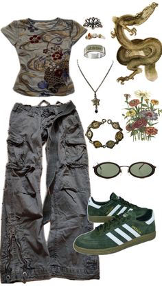 an assortment of clothing and accessories including shoes, sunglasses, bracelets and necklaces