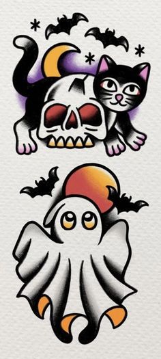 two halloween stickers on white paper with black and orange cat, ghost and pumpkin