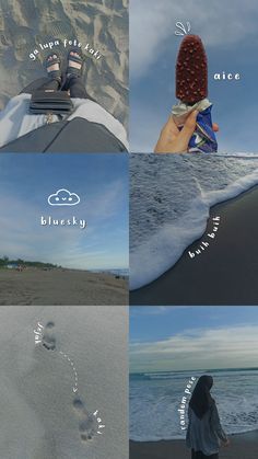 four different pictures with footprints in the sand and one person holding an ice cream cone