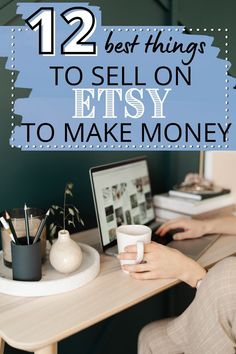 a woman sitting at a desk with her laptop and coffee mug