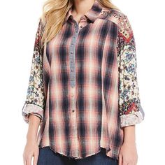 John Mark Plus Size Plaid Floral Print Button Front Blouse John Mark Plus, This Blouse Features: Point Collar Long Roll-Tab Sleeves Plaid Print Stud Trim On Front And Back Yoke Frayed Hemline Button Front Closure Approx. 31" Length Armpit To Armpit: 26" Shoulder To Hem: 29" (Front) 32" (Back) Cotton/Rayon Machine Wash, Tumble Dry Bohemian Fall Shirt With Button Closure, Bohemian Multicolor Shirt With Buttons, Bohemian Style Multicolor Shirt With Buttons, Bohemian Multicolor Shirt, Bohemian Multicolor Shirt With Button Closure, Multicolor Bohemian Shirt With Button Closure, Linen Shirts Women, Fashion Petite, Wardrobe Ideas