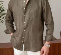 Crafted from linen and premium fabrics to provide a comfortable feeling, Linen smart casual long sleeve shirt features a classic collar and is made to be worn with multiple types of clothing. It is designed for those who exude style and confidence at the same time. Perfectly shirt to match with a casual look or elegant outfit. Benefits: Comfort & Breathable Style: Casual / Elegant Gender: Men Season: All season Material: linenPattern Type: Solid Please check the size chart carefully before placi Khaki Long Sleeve Shirt With Buttons, Casual Linen Shirt For Business Casual, Casual Long Sleeve Khaki Shirt, Brown Long Sleeve Flannel Shirt, Casual Collar Linen Shirt With Buttons, Long Sleeve Brown Shirt For Spring, Fitted Long Sleeve Khaki Shirt, Elegant Cotton Shirt For Casual Gatherings, Elegant Brown Long Sleeve Shirt