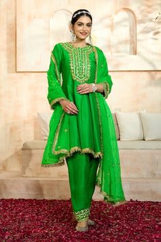 Green short anarkali with floral pattern gota embroidery. Comes with matching salwar and dupatta. - Aza Fashions Designer Dola Silk Lawn Suit, Festive Designer Dola Silk Lawn Suit, Festive Lawn Suit With Zari Work And Traditional Drape, Festive Kundan Lawn Suit For Eid, Unstitched Suit With Dabka For Diwali In Kundan Material, Diwali Designer Dola Silk Lawn Suit, Festive Dola Silk Lawn Suit, Designer Dola Silk Lawn Suit For Navratri, Dola Silk Lawn Suit For Diwali