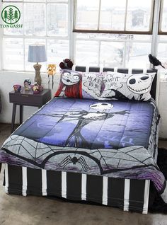 a bedroom with a bed covered in halloween themed sheets and pillows, along with two night stands