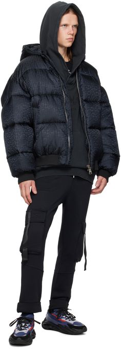 Loose-fit insulated quilted nylon satin jacket. Jacquard logo pattern throughout. · Zip closure · Welt pockets · Rib knit cropped hem and cuffs · Welt pocket at interior · Full satin lining Supplier color: Black Drawstring Cargo Pants, Satin Jacket, Webbing Strap, Satin Jackets, Logo Pattern, Drawstring Pants, Labyrinth, Flap Pocket, Welt Pocket