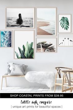 a white room with pictures on the wall and a bench in front of it that says shop