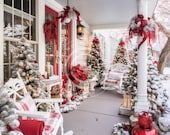 Etsy - Checkout - Payment Front Christmas Decor, Farmhouse Porch Christmas Decor, Simple Front Porch Christmas Decor Ideas, French Christmas Decorations, Farmhouse Christmas Porch, Porch Christmas Decorations, French Country Cottage Christmas, Porch Christmas Tree, Red White Decor