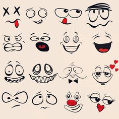 an assortment of cartoon faces drawn in black and white with red hearts on the nose