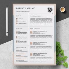 a clean and modern resume template on top of a desk with a cup of coffee