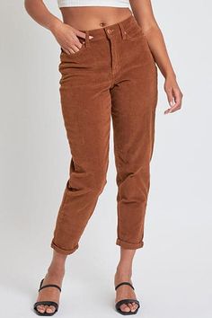 Rock these mom fit pants for a comfortable and trendy look. Our Women's Corduroy 1 Button High Rise Mom Fit Pants feature a high-rise fit, classic five-pocket construction, single-button closure with front zip, and belt loops. Measurement (Based on size 5)- Inseam (cuffed): 27” - Rise (To top edge of band): 11”- Leg Opening: 12”Composition:-98% Cotton/ 2% Spandex• Machine wash cold.• Model is wearing a size S. Trendy Solid Color Corduroy Bottoms, Corduroy Straight Leg Bottoms With Button Closure, High Waist Mom Fit Pants For Fall, High Waist Corduroy Bottoms With Button Closure, High-waist Corduroy Bottoms With Button Closure, Straight Leg Corduroy Pants With Button Closure, Trendy Relaxed Fit Corduroy Bottoms, Brown Corduroy Bottoms With Button Closure, Casual Mid-rise Corduroy Jeans