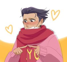 an anime character wearing a red cape and holding a hot dog in his hand with hearts around him