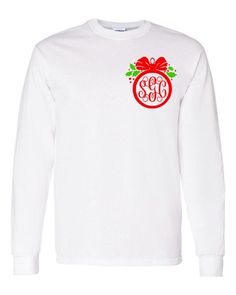 Mistletoe Ornament Monogram Tee - White Longsleeves Mistletoe Ornament, Sublimation Crafts, Southern Grace, Fundraiser Ideas, Monogram Shirts, Jolly Christmas, Holiday Shirts, Holly Jolly, Shirt Ideas