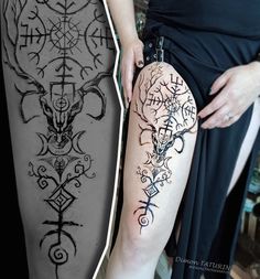 a woman standing next to a tattoo design on her leg and the other side of her thigh