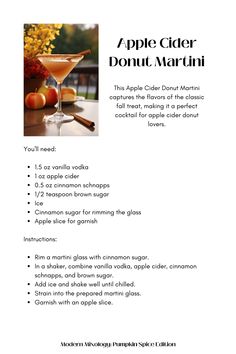 the recipe for apple cider donut martini is shown in this advertment