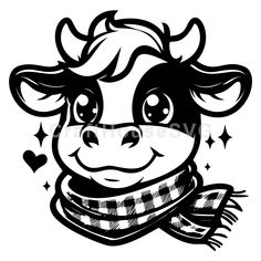 a black and white cow wearing a scarf