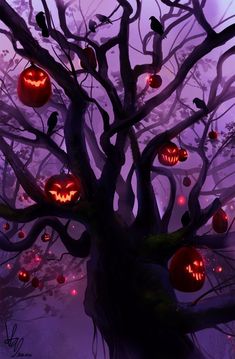 a halloween tree with jack o lanterns on it