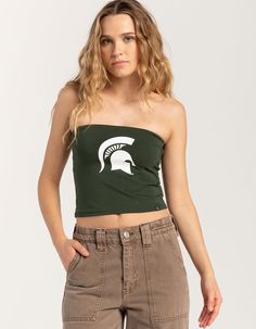 Hype And Vice Michigan State University Tube Top. Graphic Screened On Front. Made With A Double Layer Of Ultra Soft Cotton Spandex. Sleeveless. Cropped Length. 95% Cotton, 5% Spandex. Machine Wash. Imported. Model Is Wearing A Size Small. Model Measurements:height: 5'7" Bust: 29"waist: 22"hips: 34.5" Michigan State University, Michigan State, Cute Tops, State University, Tube Top, Model Measurements, Cotton Spandex, Double Layer, Michigan