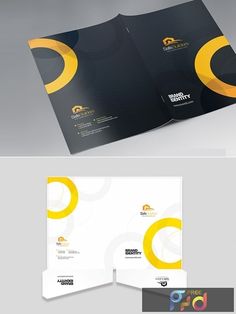 an open brochure with yellow circles on the front and back cover is shown