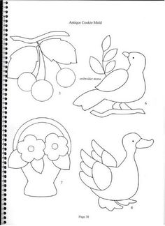 an open notebook with drawings of birds, flowers and fruit on it's pages