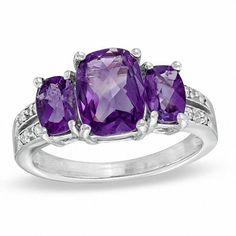 Emerald-Cut Amethyst and Diamond Accent Collar Ring in 10K White Gold | Online Exclusives | Collections | Zales Amethyst Wedding, Amethyst Set, Cubic Zirconia Engagement Rings, Diamond Accent Ring, Dearly Beloved, Purple Diamond, Three Stone Ring, Local Jewelry, Purple Stones