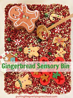 A chickpea-based gingerbread sensory bin children will love. Shop the dollar stores for gingerbread accessories to fill the bin. Gingerbread Sensory Bin, Gingerbread Sensory, Toddler Apple Crafts, Gingerbread Accessories, Winter Sensory Bin, Christmas Activities For Toddlers, Toddler Sensory Bins