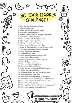 the 30 day doodle challenge is shown in black and white, with cartoon characters around it