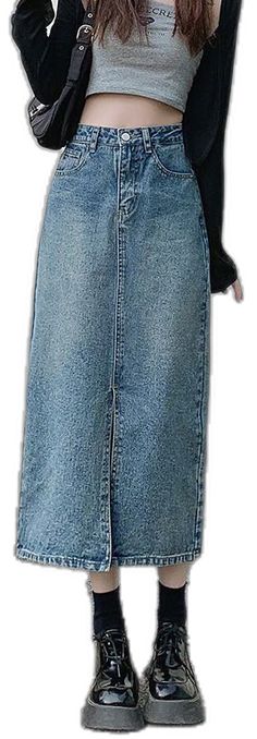 Casual Denim Winter Skirt, Casual Denim Skirt For Winter, Winter Denim Skirt With Pockets, Casual Blue Denim Skirt For Winter, Jean Skirts Long, Crop Top And Sweatpants, Trendy Summer Fits, Long Jean Skirt, New Y2k