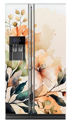 an image of a refrigerator with flowers painted on the door and water dispenser