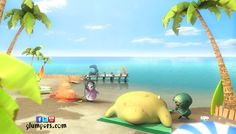 an animated beach scene with various objects on the sand