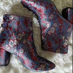 Beautiful Floral Brocade Boots! Block Heel, Back Zipper Party Boots With Floral Print And Pointed Toe, High Heel Floral Print Boots For Party, High Heel Floral Print Party Boots, Gianni Bini Shoes, Gianni Bini, Block Heels, Bootie Boots, Ankle Boots, Size 7