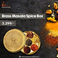 an assortment of spices on a table with the words brass masala spice box 3 29 - 7