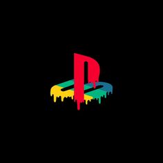 the playstation logo is dripping paint on a black background and it appears to be red, yellow, green, blue, and pink