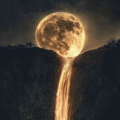 a full moon rising over a waterfall in the mountains