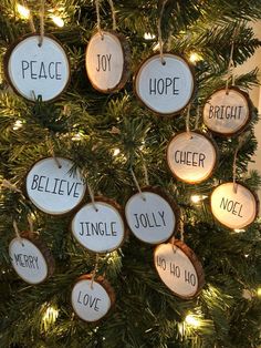 a christmas tree decorated with ornaments and sayings