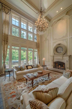 a living room with couches, chairs and a chandelier