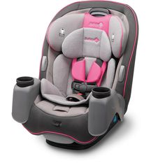 a child's car seat with cup holders on the front and back seats in grey and pink