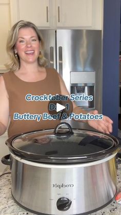 a woman standing in front of a crock pot with the words crock pot series on it