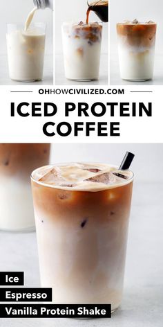 iced protein coffee recipe with vanilla ice cream and chocolate milk being poured into the cup