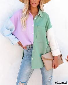 Olivia Mark - Color Block Long Sleeve Button Down Shirt Green Collared Shirt For Fall, Oversized Green Color Block Top, Green Oversized Color Block Tops, Green Color Block Top For Spring, Green Relaxed Button-up Top, Casual Green Tops With Button Closure, Green Button-up Tops With Pockets, Green Relaxed Fit Shirt With Button Closure, Relaxed Fit Green Shirt With Button Closure