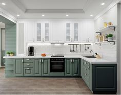 a kitchen with blue cabinets and white counter tops is seen in this image, it appears to be an artist's rendering