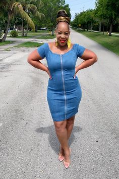 Rock this denim dress for work, play, and all things in between! Featuring a stretch fabric, off the shoulder neckline with full zipper closure. Available in sizes 1X-3X Hollywood Dress, Dress For Work, Boutique Sales, Boutique Dresses, Curvy Fashion, Denim Dress, Dress Making, Tshirt Dress, Stretch Fabric