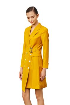 Ginger Yellow Double-breasted Coat Short Sleeve Dress Peak lapel; double-breasted button front. Three quarter sleeves Asymmetric hem hits about at the knee. Sheath silhouette. Wool 50% Polyester 50% Lining, silk/spandex. Dry clean Item No.: 203151Q1 Classic Spring Dresses With Double Button Closure, Classic Dresses With Double Button Closure For Spring, Fall Double-breasted Belted Dress, Classic Single Breasted Jacket Dress For Spring, Classic Single-breasted Jacket Dress For Spring, Classic Tailored Jacket Dress For Spring, Double-breasted Dresses With Button Closure For Spring, Spring Double-breasted Dress With Button Closure, Classic Spring Single-breasted Jacket Dress