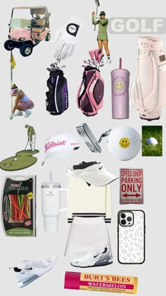 various golf related items are displayed on a white background