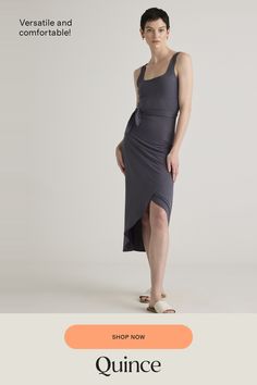 Upgrade your wardrobe with the Tencel Jersey Side Tie Dress, a luxurious and versatile piece that will make you feel confident and elegant for any occasion. Made from premium Tencel fabric, this dress offers a silky smooth texture that drapes beautifully over your curves. Simply pair it with your favorite sandals or heels and accessories for a complete look that's both comfortable and chic.  | Quince | Women's Tencel Jersey Side Tie Midi Dress in Carbon Grey, Size XL Elegant Beach Maxi Dress With Asymmetrical Neckline, Elegant Asymmetrical Neckline Maxi Dress For Beach, Fitted Midi Dress With Asymmetrical Neckline For Beach, Elegant Ruched Sleeveless Dress For Beach, Elegant Ruched Bodycon Dress For Beach, Elegant Sleeveless Wrap Dress For Brunch, Elegant Ruched Midi Dress For Beach, Elegant Fitted Asymmetrical Beach Dress, Elegant Midi Wrap Dress For Beach