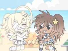 two anime characters standing next to each other in front of a beach with buildings and water