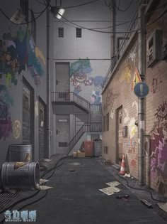 an empty alley with graffiti on the walls