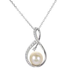 Sterling silver featuring a 7.5-8MM freshwater pearl surrounded by shimmering white topaz. Chain is 18" with an adjustment at 16". Diamond Fashion Jewelry, Drop Design, Elegant Pendant, Natural Diamond Engagement Ring, Freshwater Pearl Necklace, Silver Anklets, Fashion Jewelry Earrings, Pearl Types, Jewelry Repair