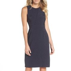 Vince Camuto New $148 Navy Stripe Sleeveless Sheath Dress Size 14 New With Tags Brand: Vince Camuto Size: 14 Chest: 40" Waist/Empire Waist: 36" Length: 41.5" Lined Zips In Back 94% Polyester / 3% Rayon 3% Spandex Fitted Sleeveless Midi Dress With Vertical Stripes, Navy Sleeveless Midi Dress For Formal Occasions, Navy Sleeveless Formal Midi Dress, Chic Vertical Stripe Dress For Work, Chic Lined Sleeveless Dress For Work, Chic Striped Dress For Work, Navy Sleeveless Dress For Work, Chic Navy Sleeveless Midi Dress, Chic Vertical Stripe Midi Dress For Work