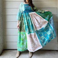 Handmade Bandana Dress/Green/Maxi SKU 72848 Size: OS.  Some bandanas are hand dyed/bleached. 100% Cotton.   Approximate measurements laying flat: Pit to pit: 18.5". Pit to hem: 44". Shoulder to hem: 53".  Waist: 18.5". Seen on 5'5" tall. Brand new. See pictures for full details. Pink Lace Maxi Dress, Artsy Dress, Flower Power Dress, Bandana Dress, Dresses Handmade, Vintage 90s Dress, Black Velvet Top, Heart Print Dress, Strapless Evening Gowns